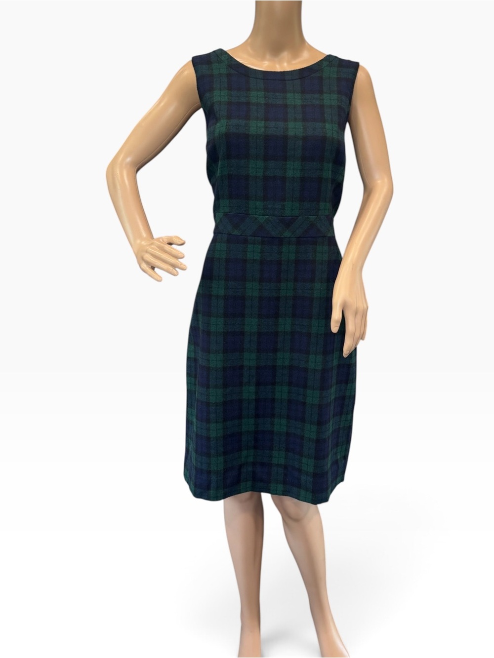 J. Crew Wool Sheath Dress Size 12 Zip Up Green and Blue Plaid Sleeveless